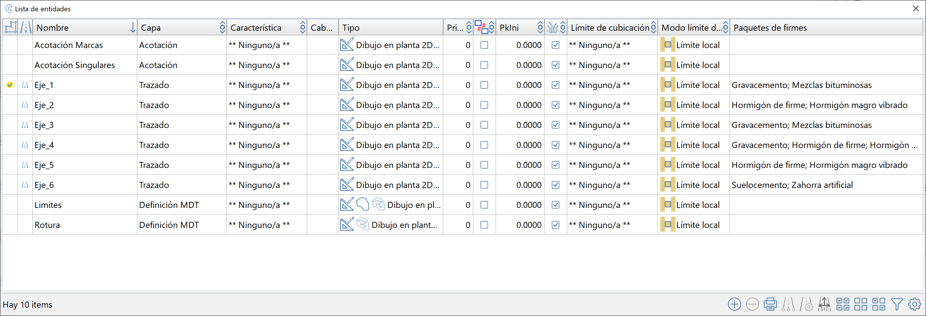 Paquetes de firme asignados en la lista de entidades