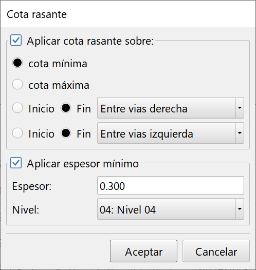Trazado - Editor secciones - Aplicar cota rasante rieles, dialog