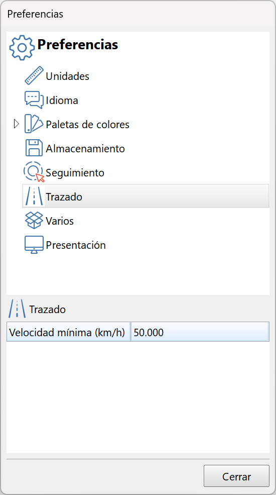 Edición - Preferencias, dialog - trazado, velocidad mínima