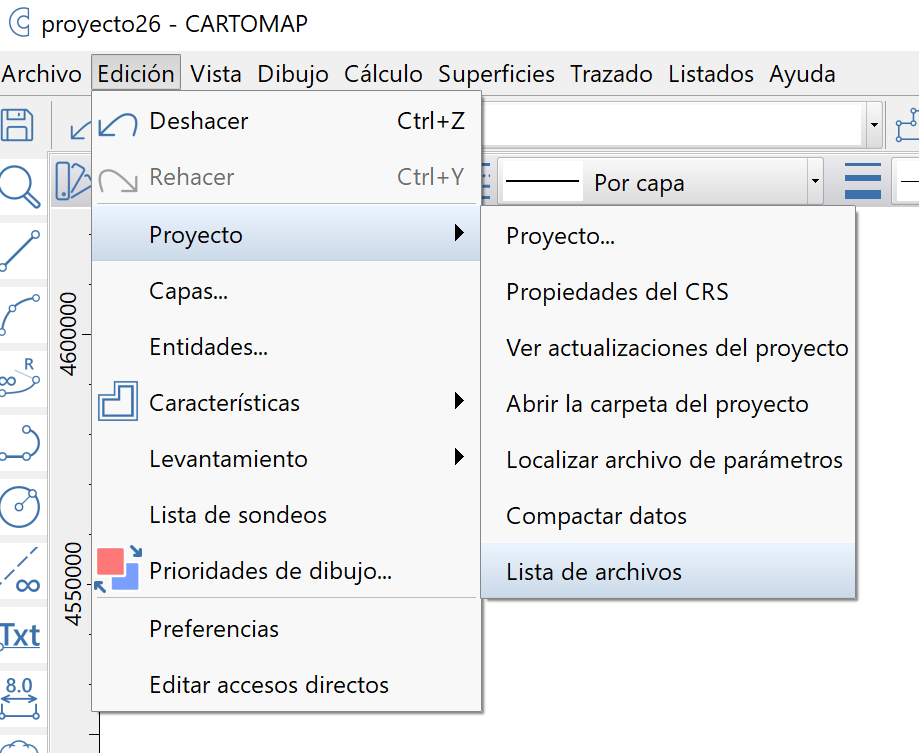Edición - Proyecto - Lista de archivos, menú