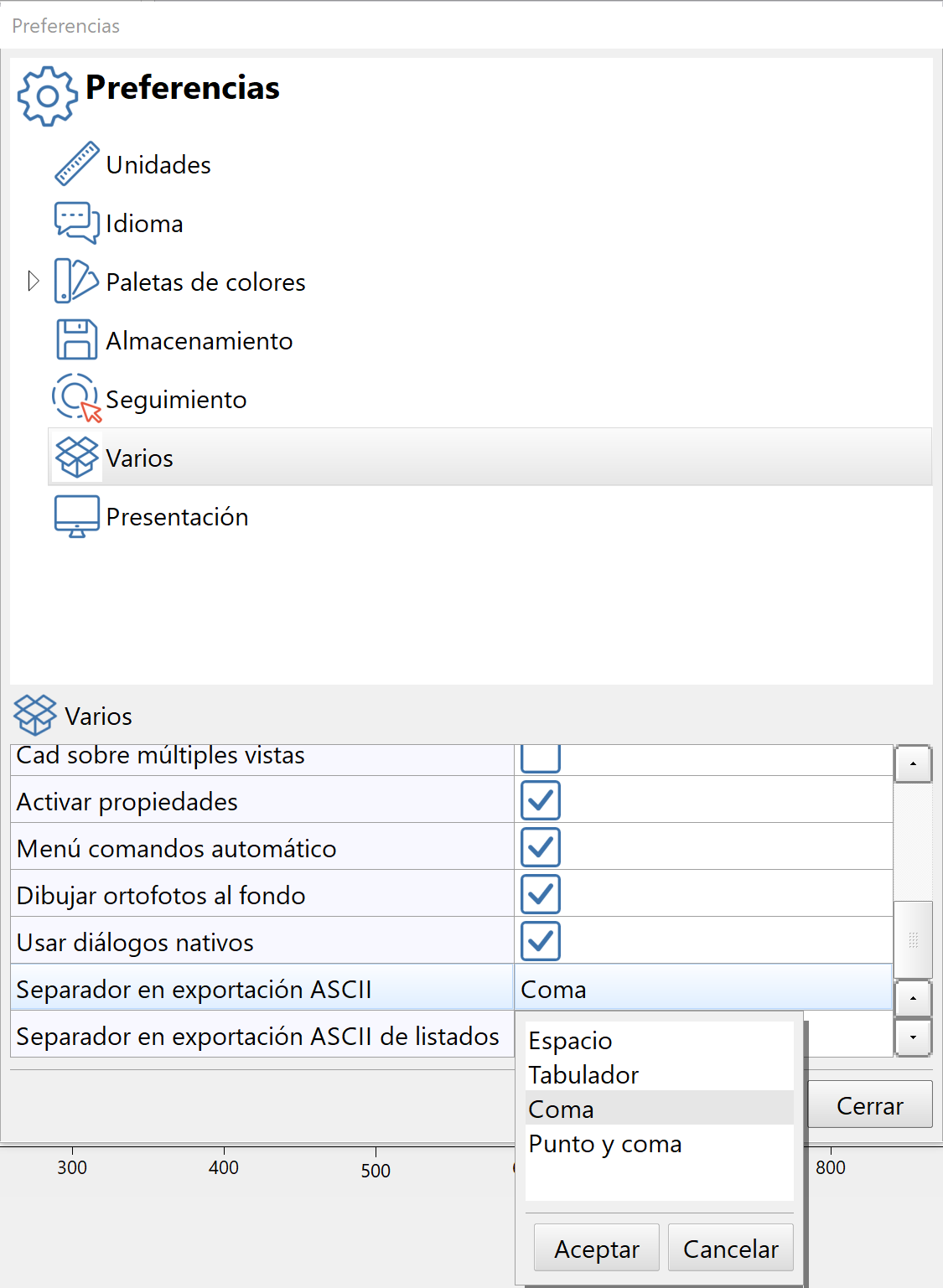 Edición - Preferencias - Varios - Separadores ASCII, lista de separadores