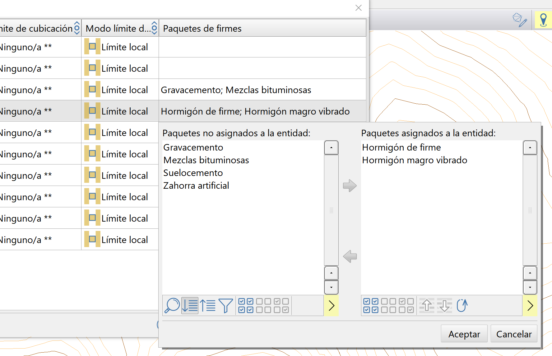 Asignación de paquetes de firme a entidades de trazado