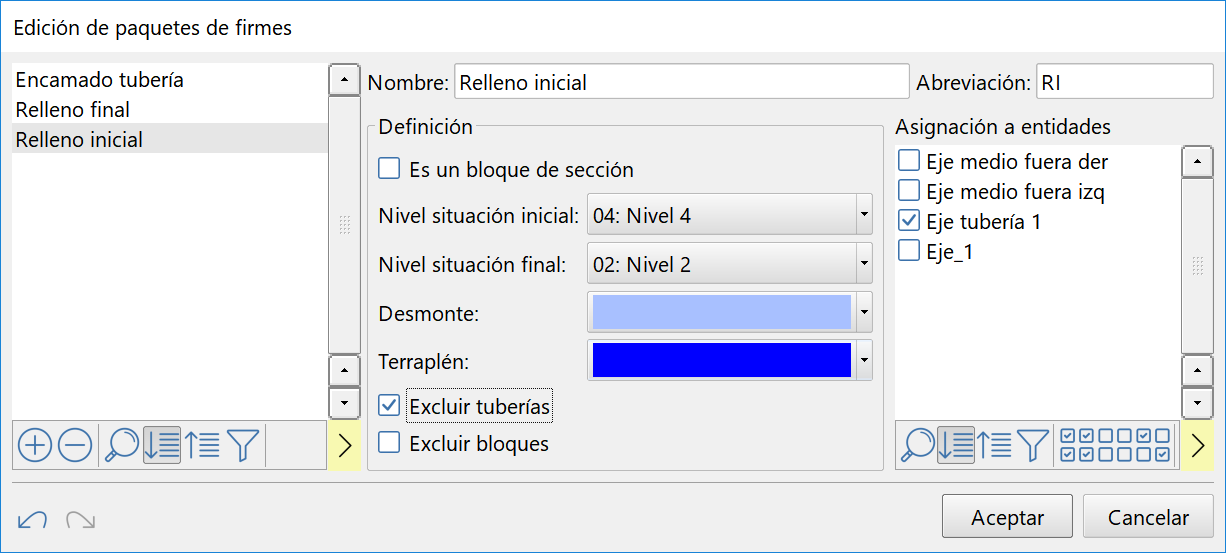 Edición de paquetes de firme con la opción ‘Excluir tuberías’ seleccionada