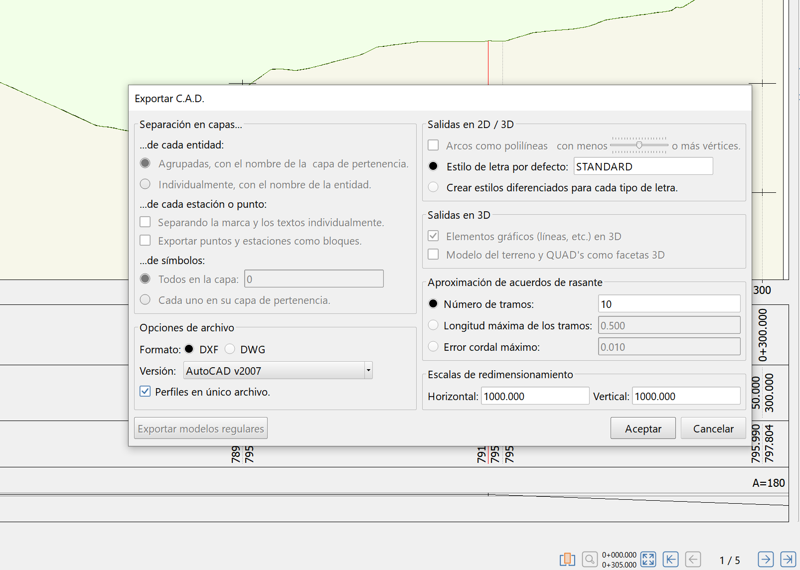 Archivo - Exportar - CAD, dialog con longitudinales en único archivo