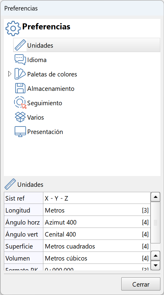 Edición - Preferencias, dialog - unidades, parámetros