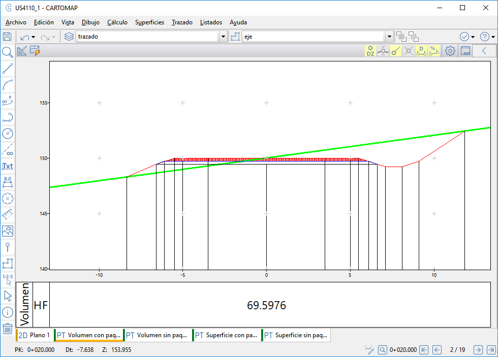 Vista - Perfiles transversales - Resultado con volumen de cubicación con paquetes de firme