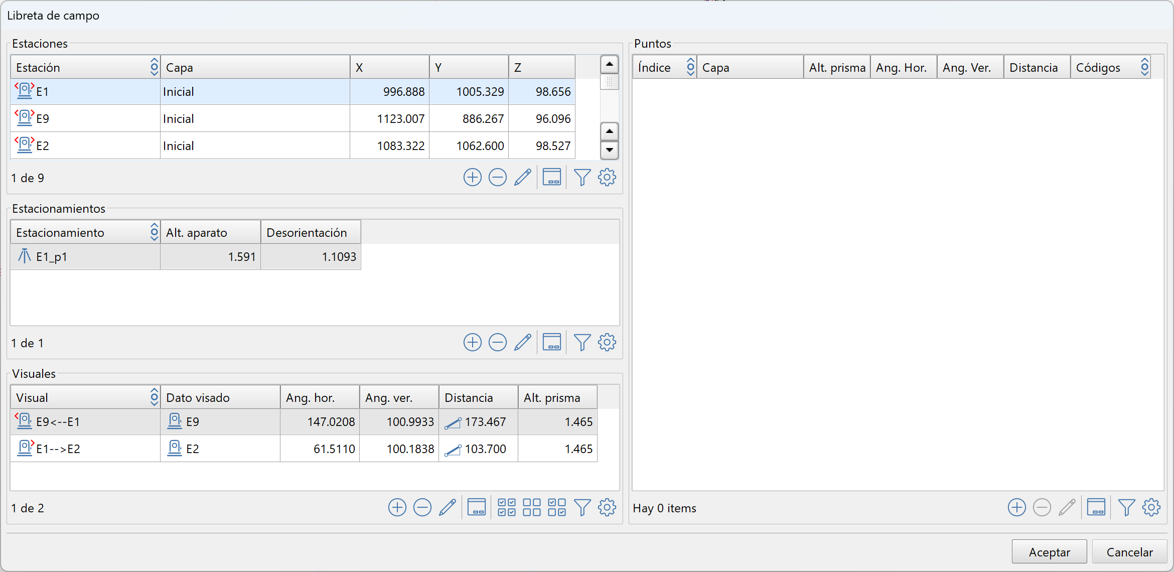 Edición - Levantamiento - Libreta de campo, dialog completo