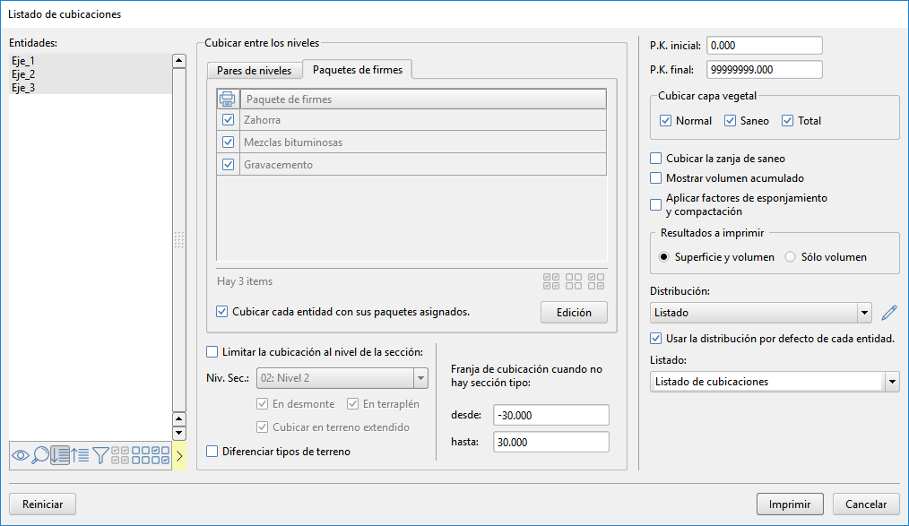 listado de cubicaciones - Paquetes de firme y distribuciones según entidad