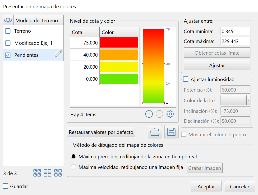 Superficies - Crear modelo pendientes - resultado, configurar mapa de colores