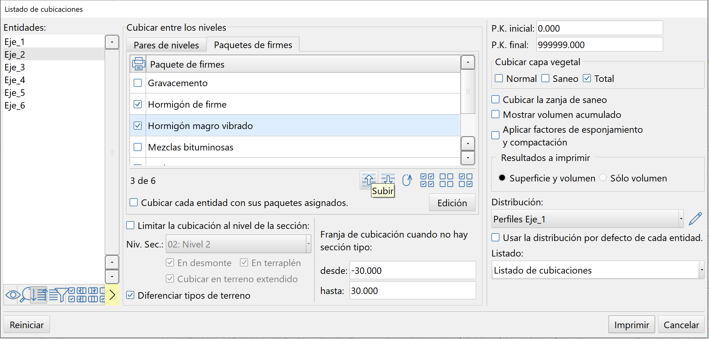 Pantalla de configuración del listado de cubicaciones con la ordenación de los paquetes de firme