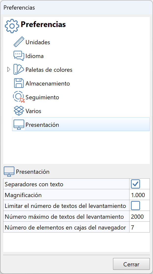 Edición - Preferencias, dialog - presentación, parámetros