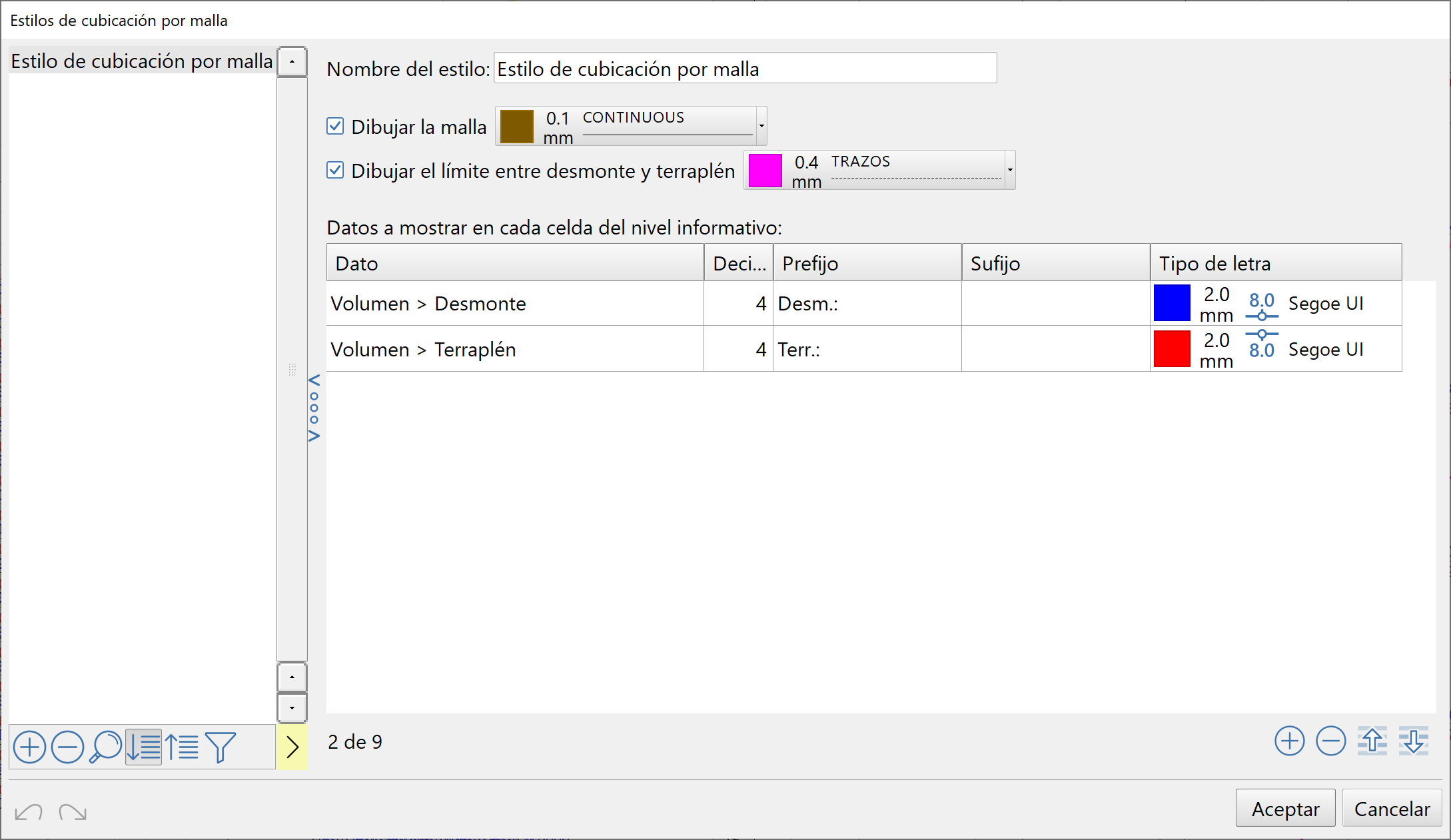 Vista 2D - Cubicación por malla, estilos de presentación, dialog