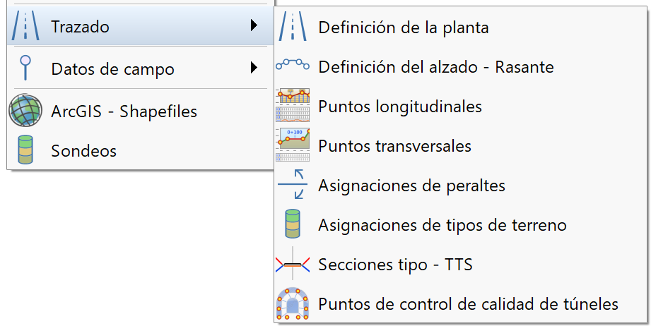 Importar - Trazado, menú