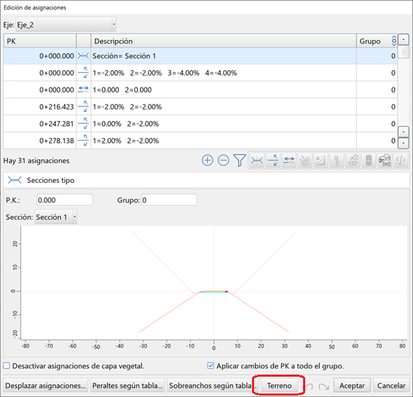 Trazado - Edición unificada de asignaciones - Asignación de tipos de terreno, opción Terreno