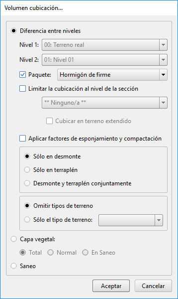 Vista - Perfiles transversales - Contenido, volumen de cubicación con paquetes de firme