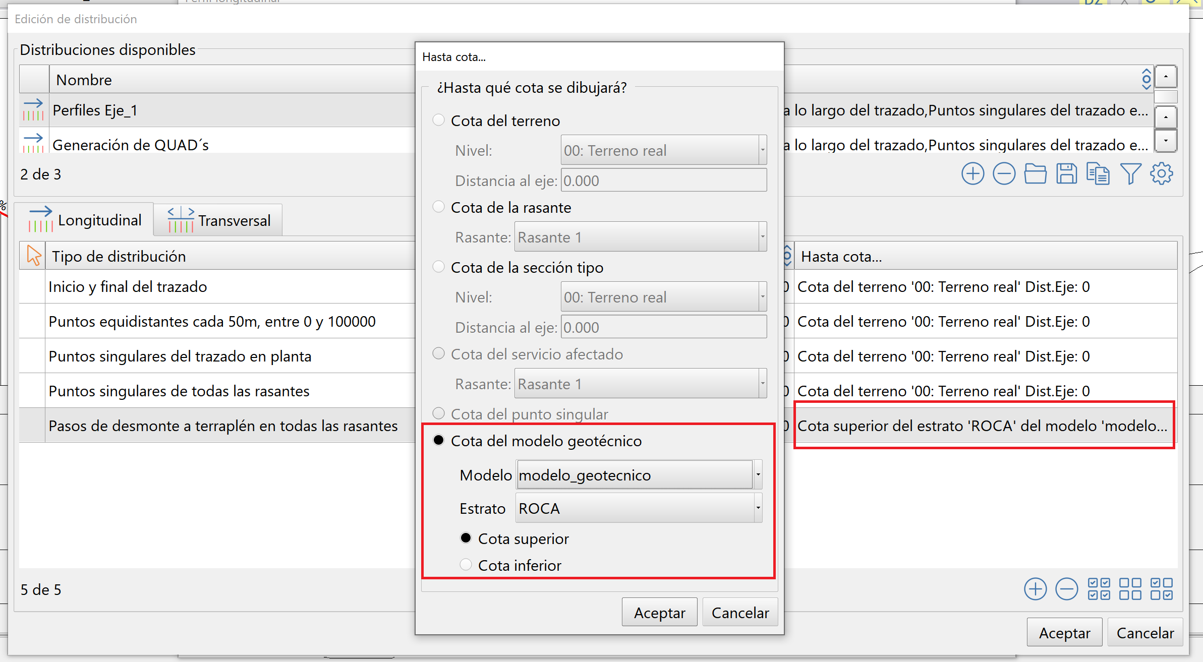 Perfiles - Edición de distribuciones - Hasta cota del modelo geotécnico