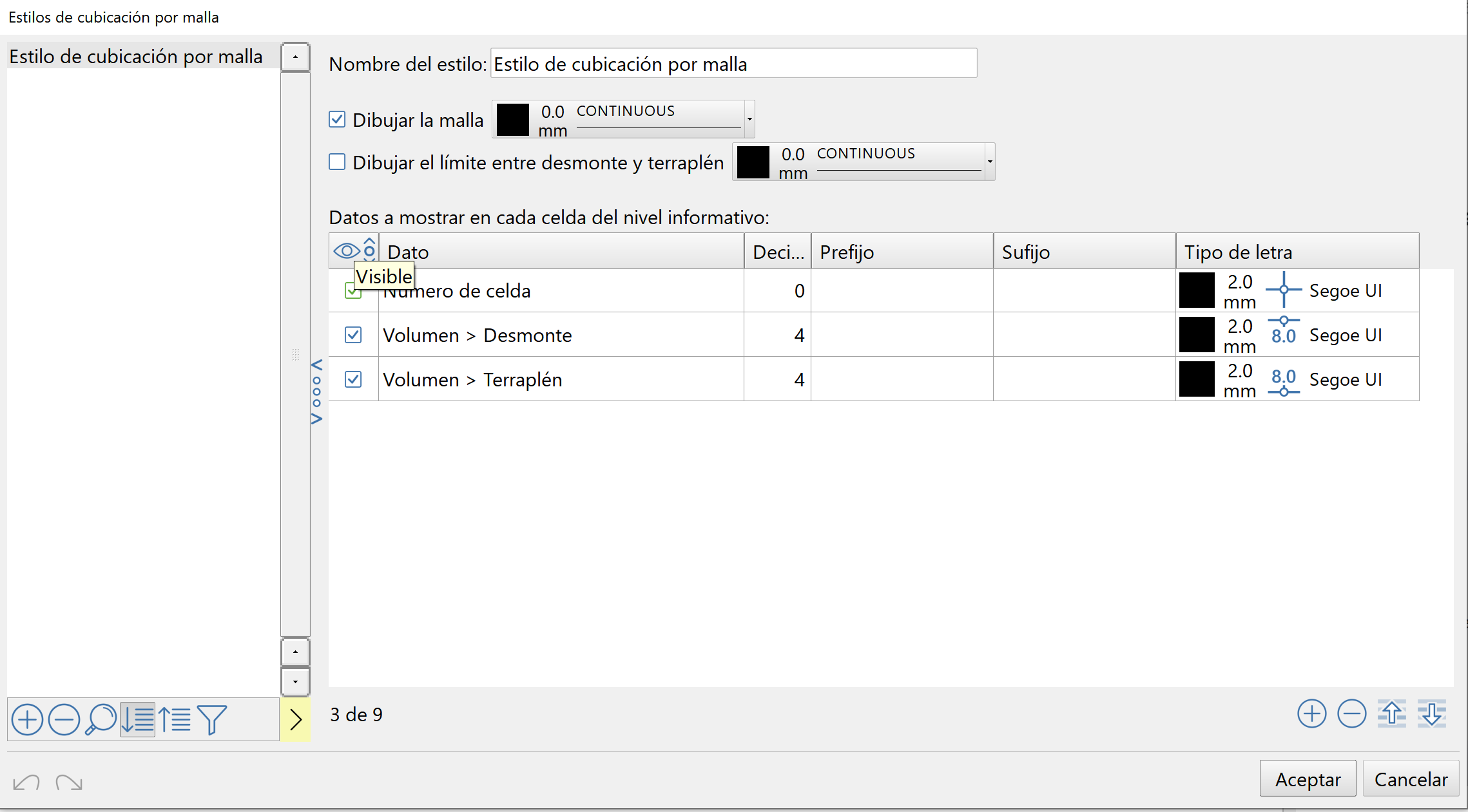 Vista 2D - Cubicación por malla, estilos de presentación, dialog 2022.06