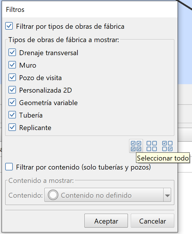 Obras de fábrica - Editor - Opción filtrar, dialog