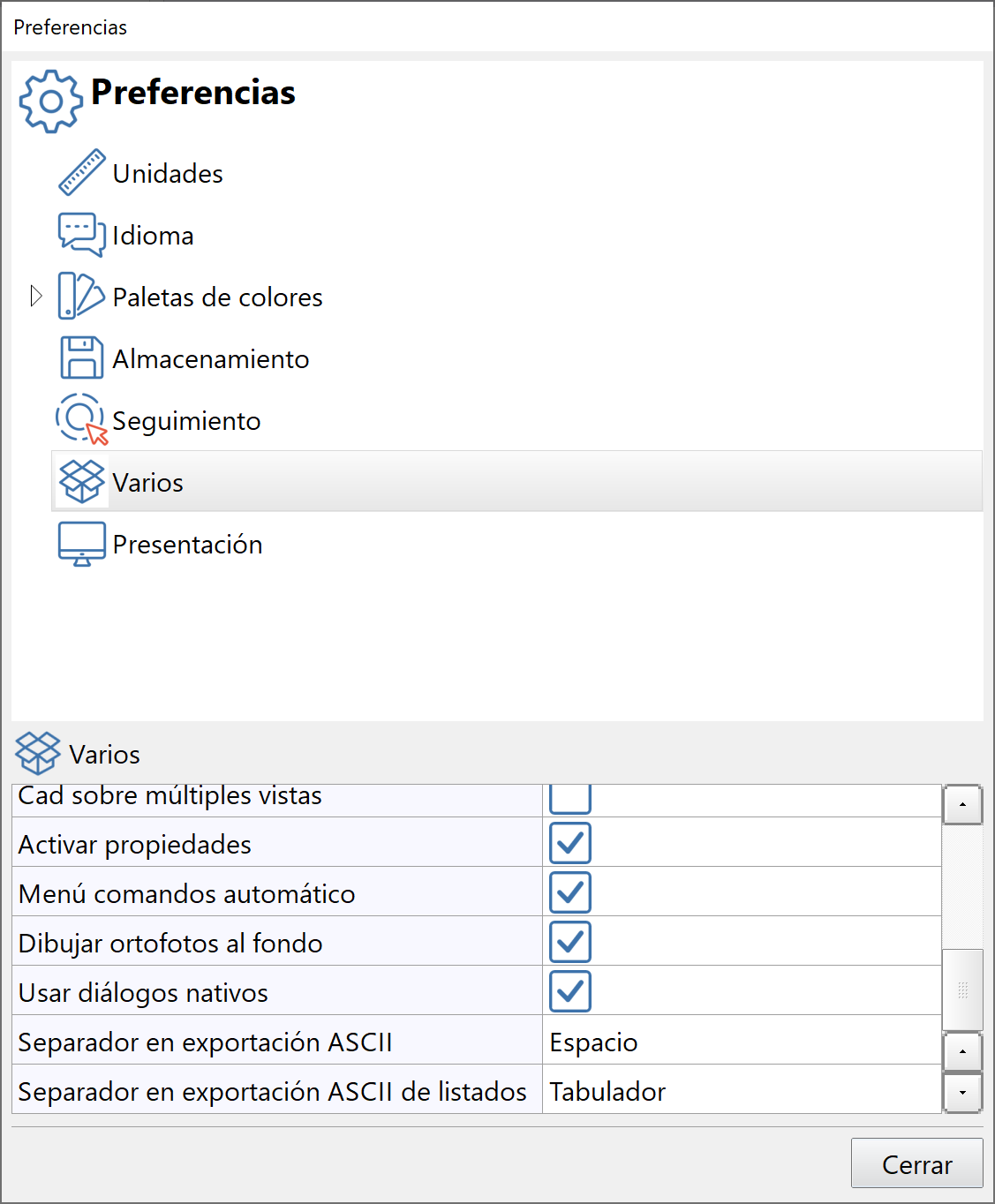 Edición - Preferencias - Varios - Separadores ASCII