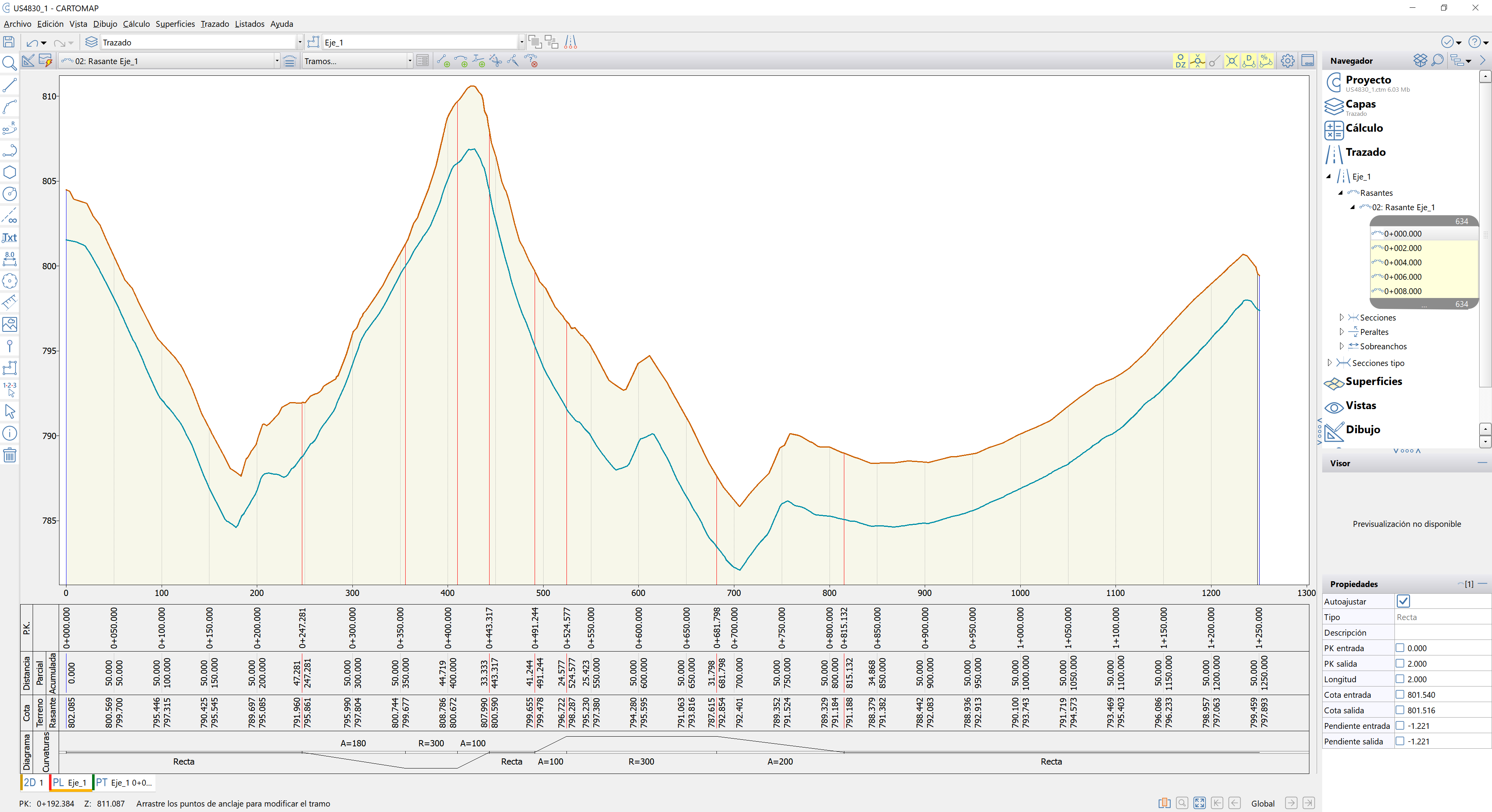 Trazado - Rasante - Dialog propiedades, generar en estrato, resultado