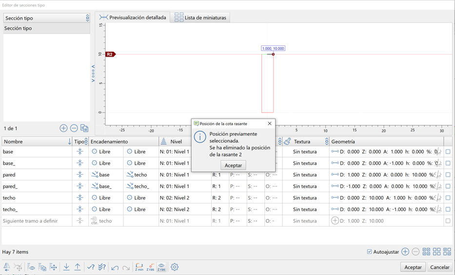 Trazado - Editor secciones - Cota rasante, posición eliminada