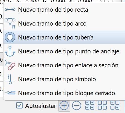 Menú de la opción de añadir tramos en la sección tipo Menú de la opción de añadir tramos en la sección tipo