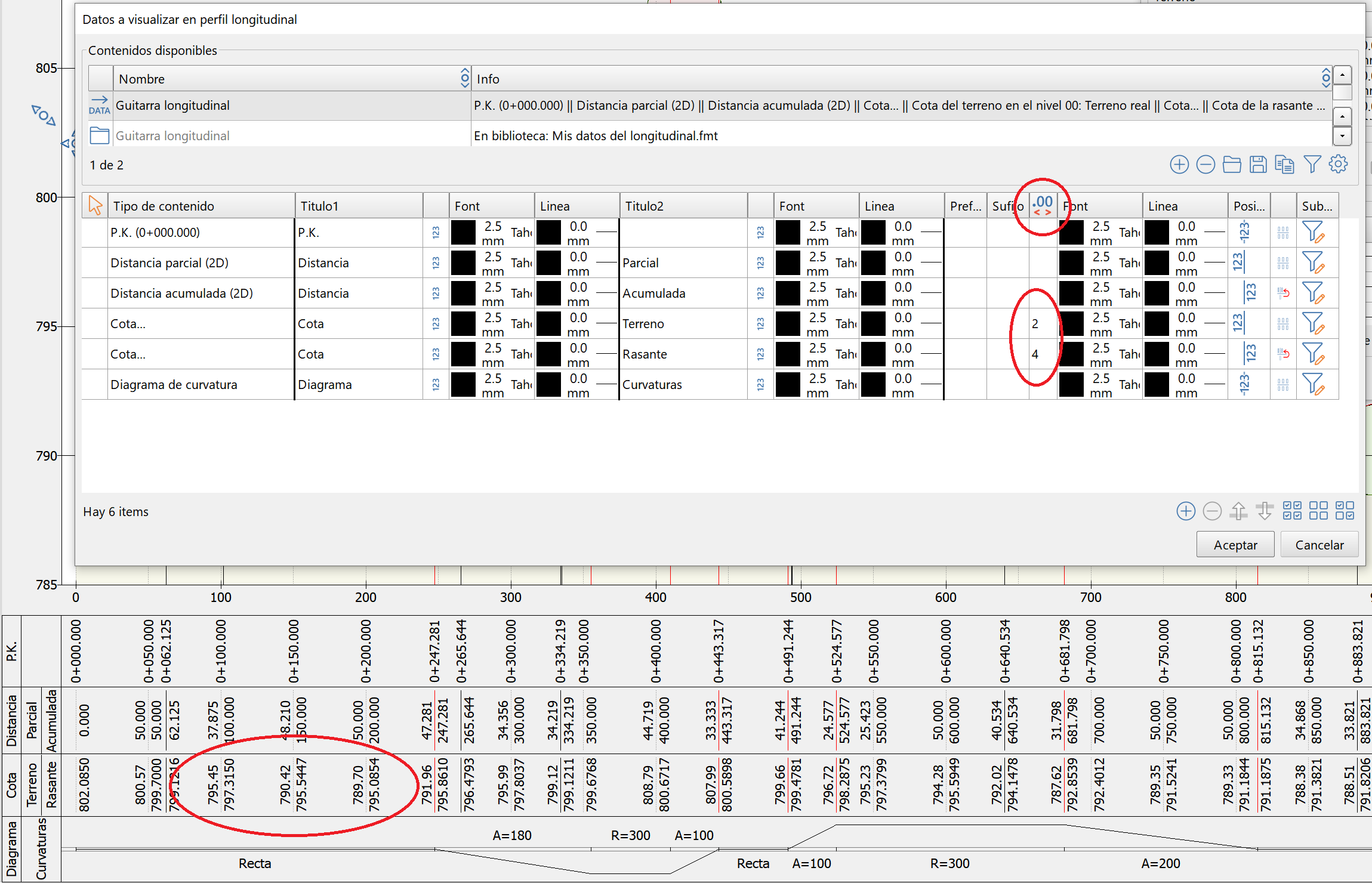 Vista - Perfil longitudinal - Contenido, pantalla, decimales