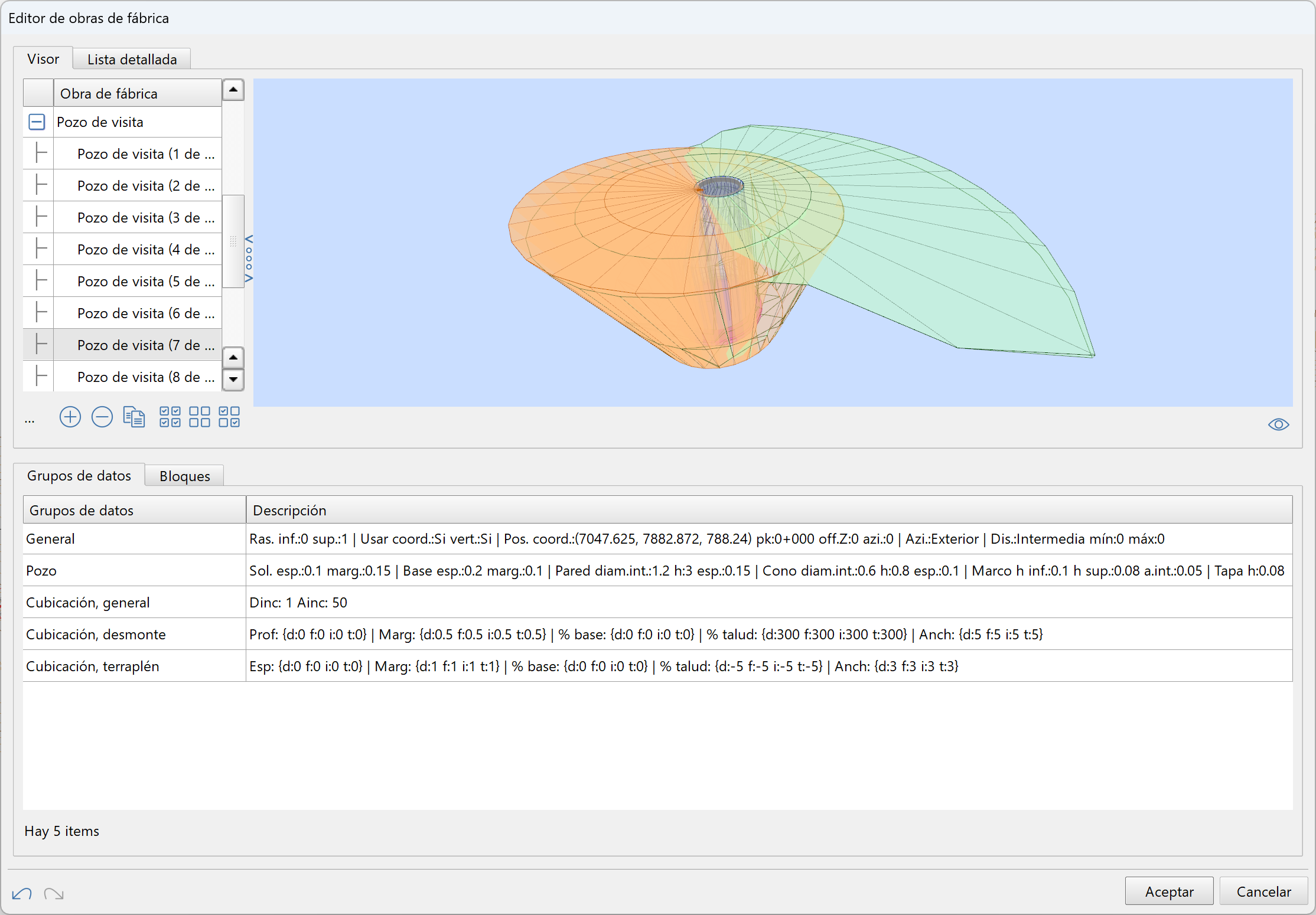 Obras de fábrica - Pozos - editor OF, con cubicaciones