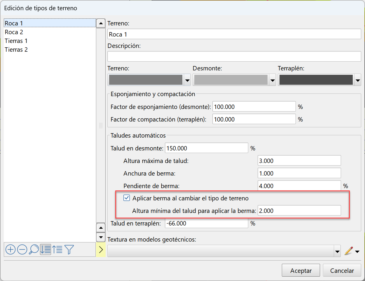 Superficies - Editor de tipos de terreno, dialog con altura minima berma resaltada