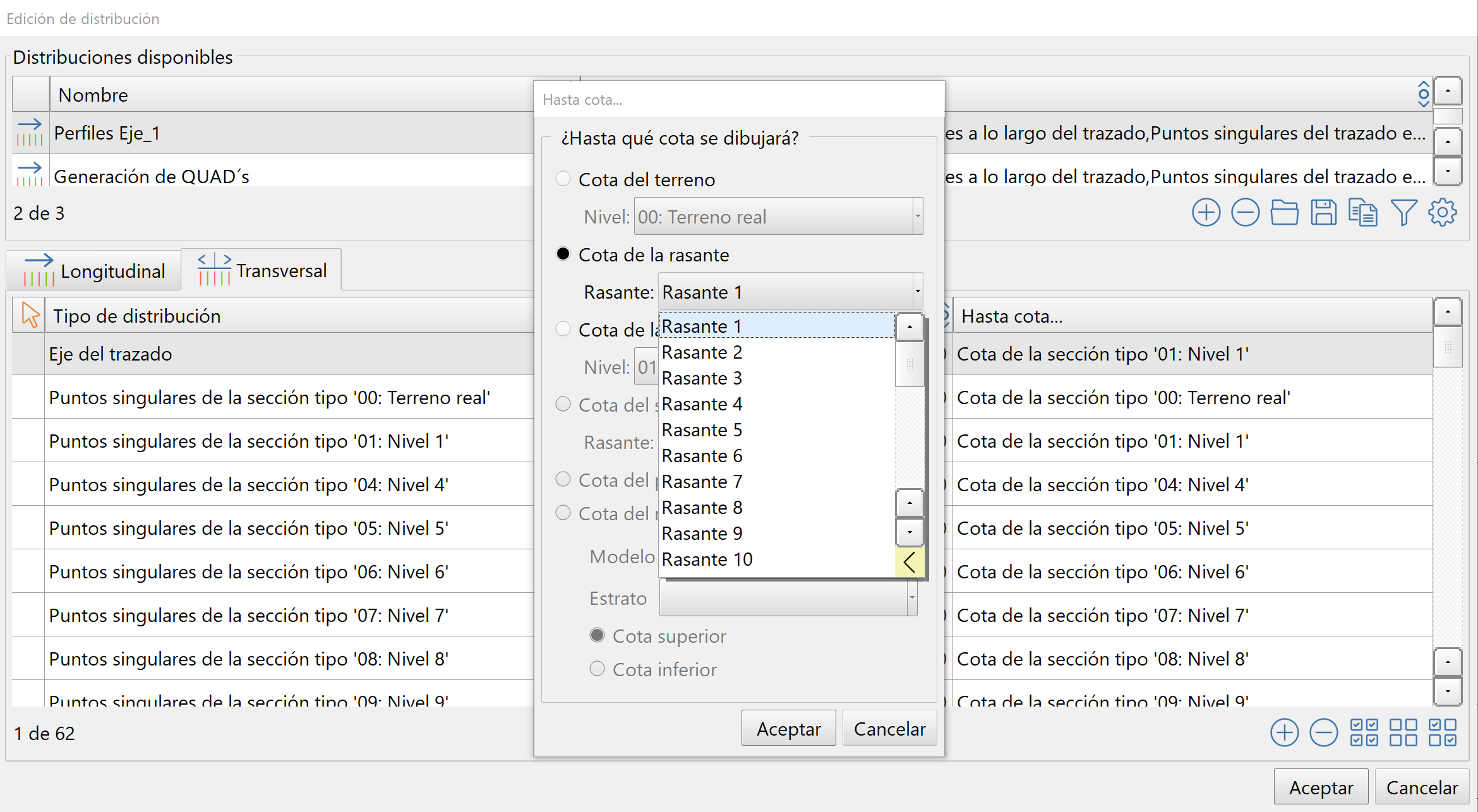 Perfiles - Edición de distribuciones - Hasta cota transversal, cota rasante