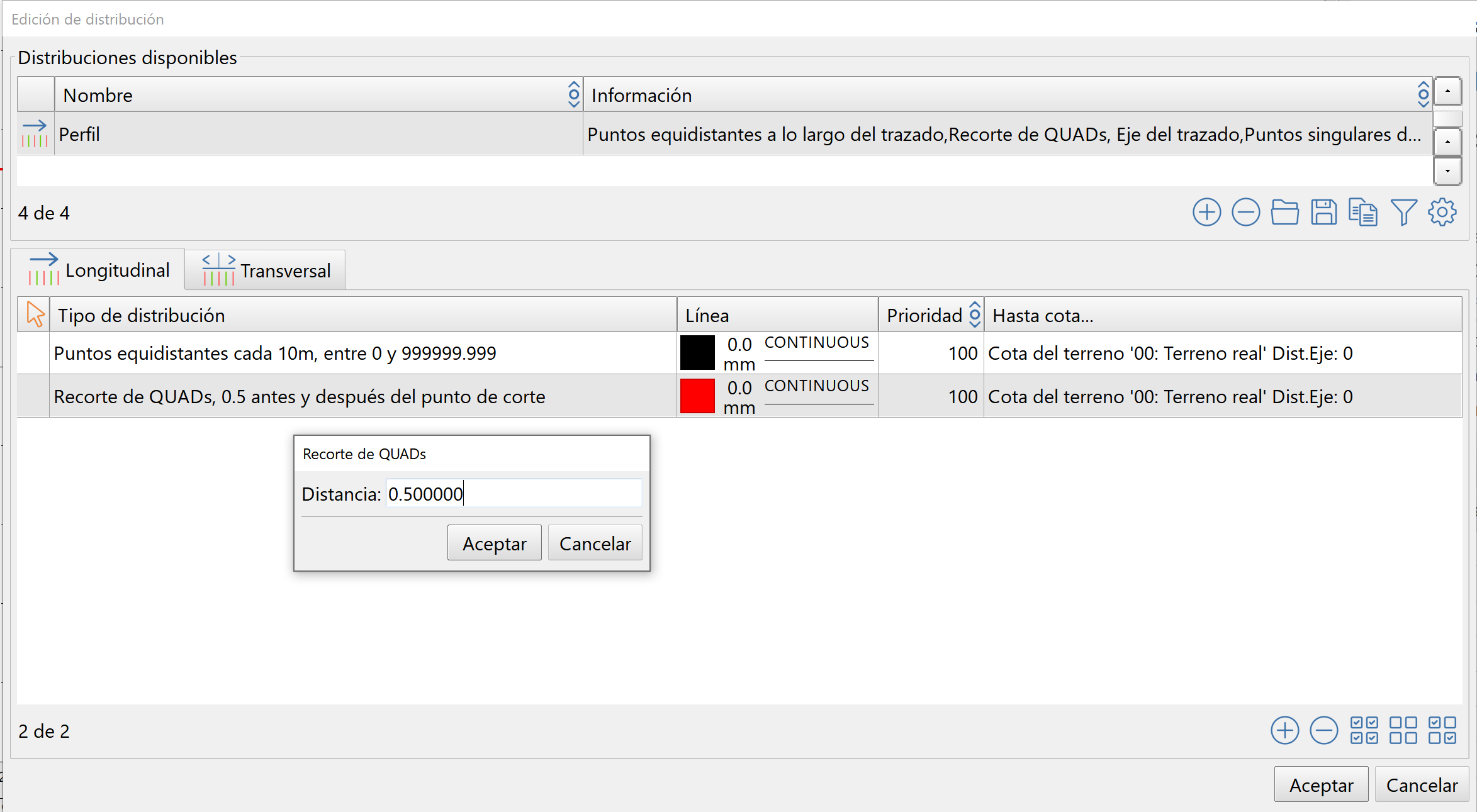 Perfiles - Edición de contenido longitudinal - Recorte de QUADs