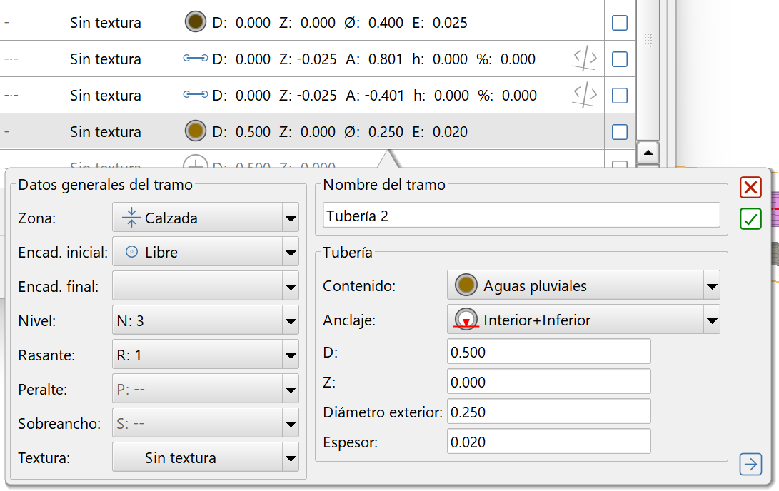 Pantalla de definición y edición de la geometría de la tubería Pantalla de definición y edición de la geometría de la tubería