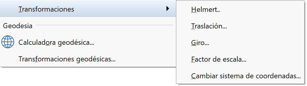 Levantamiento - Transformaciones, menú