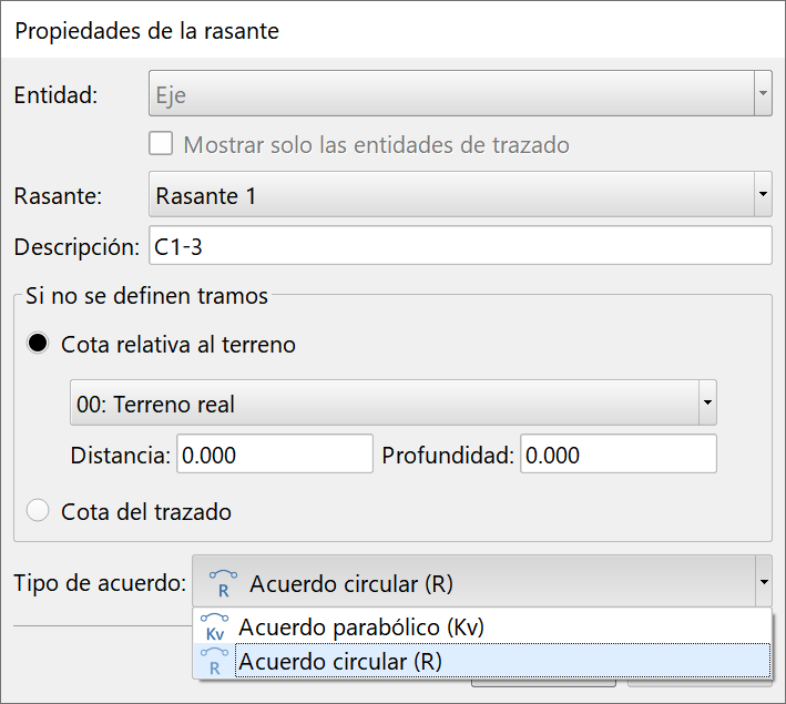 Vista - Perfil longitudinal - Barra de selección de rasante y tramo - Propiedades, dialog