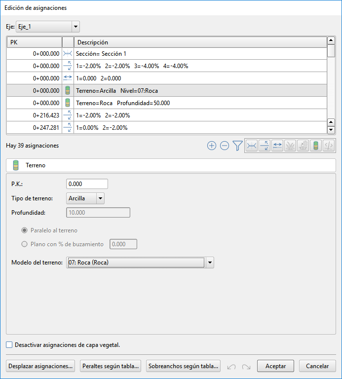 Trazado - Edición unificada de asignaciones - Asignación de tipos de terreno, hasta modelo