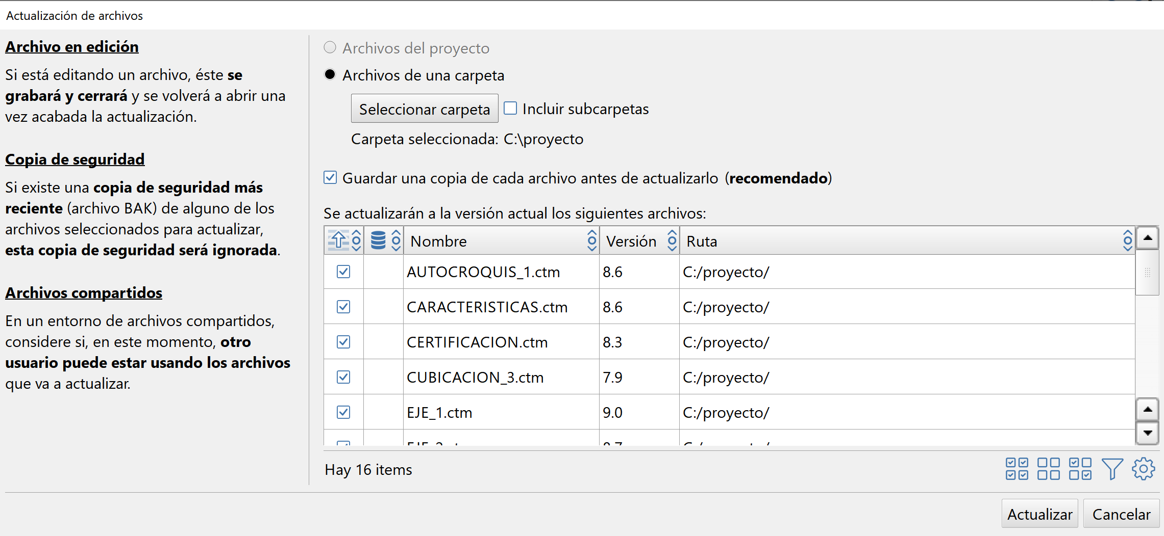 Edición - Proyecto - Actualizar datos, dialog