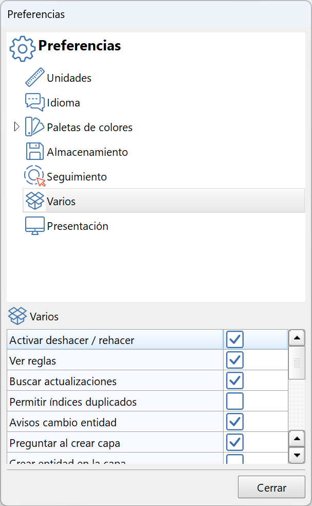 Edición - Preferencias, dialog - varios, parámetros