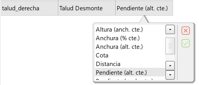 Trazado - Editor secciones - Variables, combo datos en recta