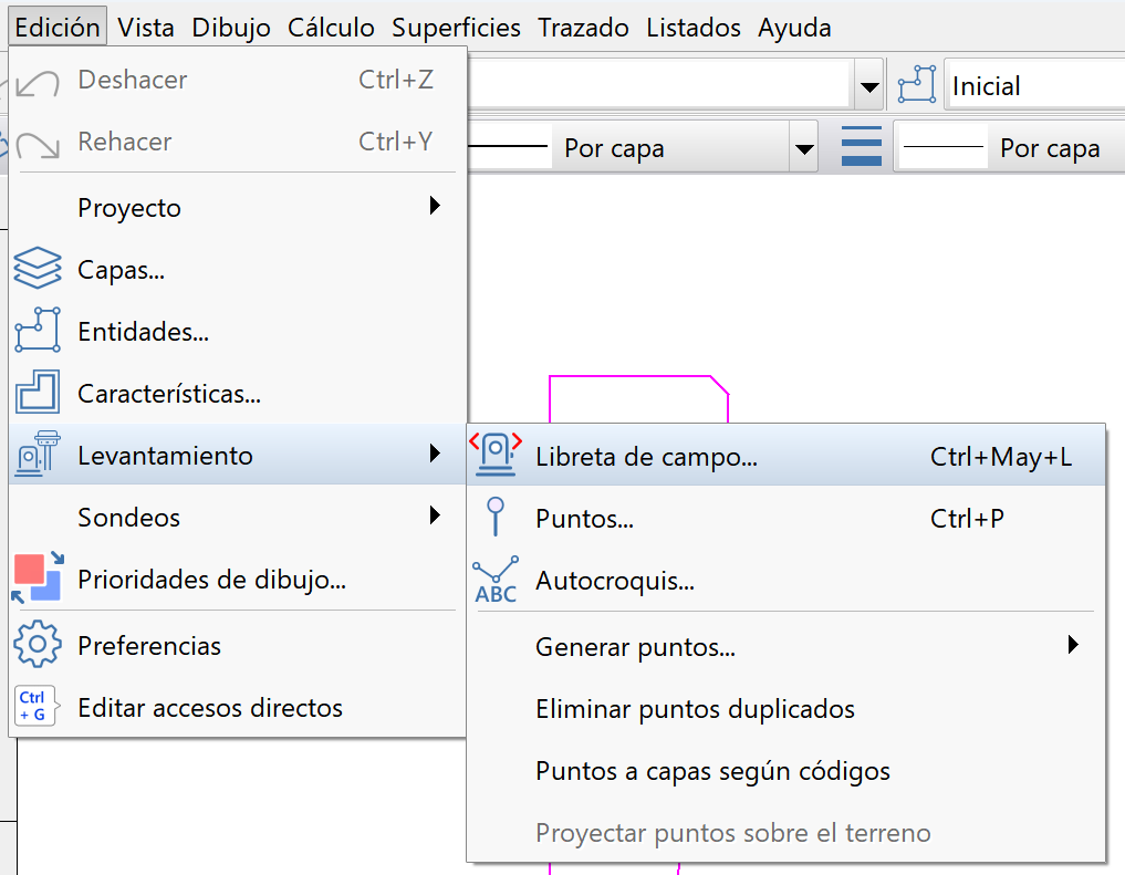 Edición - Levantamiento - Libreta de campo, menú