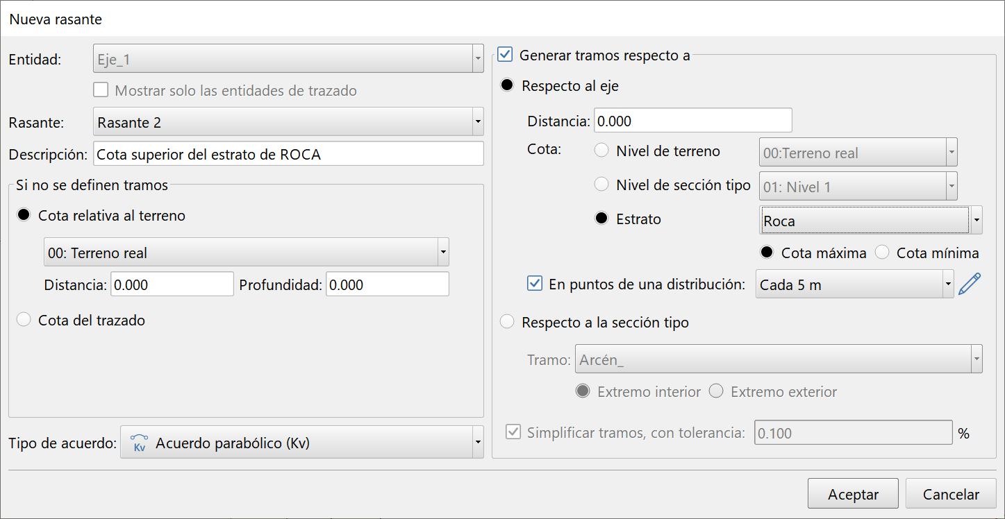Trazado - Rasante - Dialog propiedades, generar en estrato