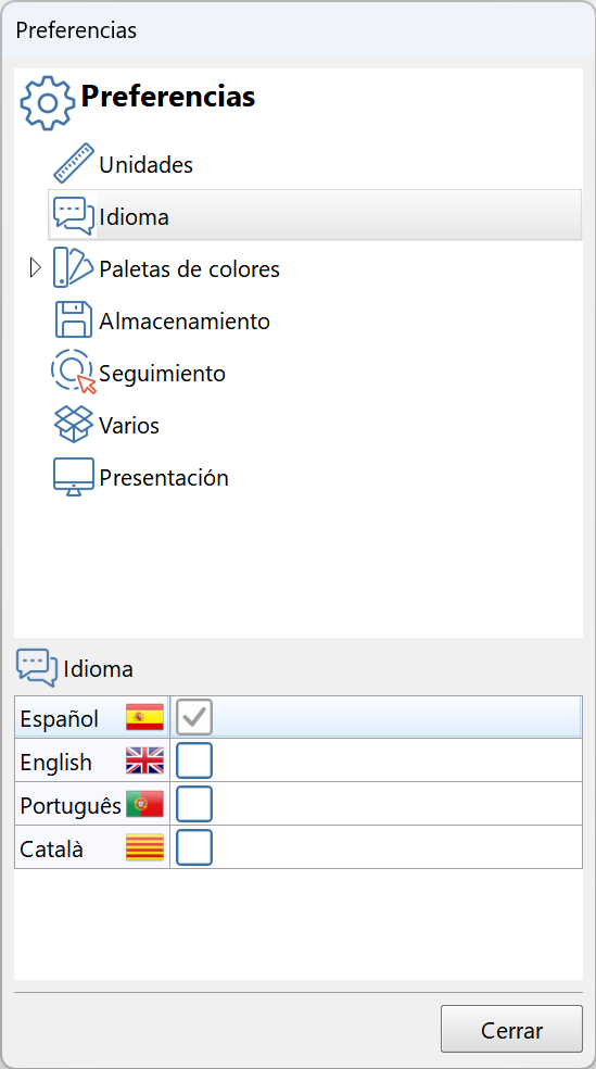Edición - Preferencias, dialog - idioma, parámetros