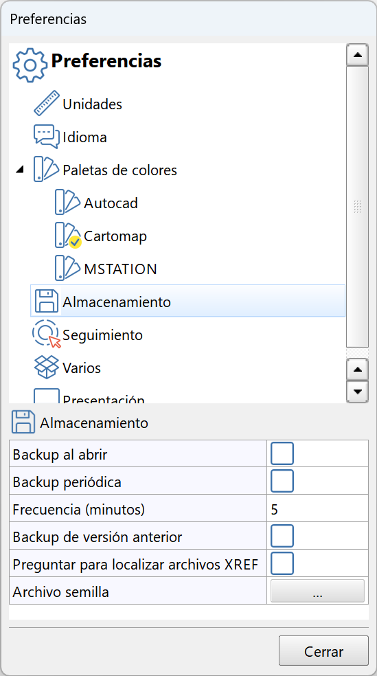 Edición - Preferencias, dialog - almacenamiento, parámetros