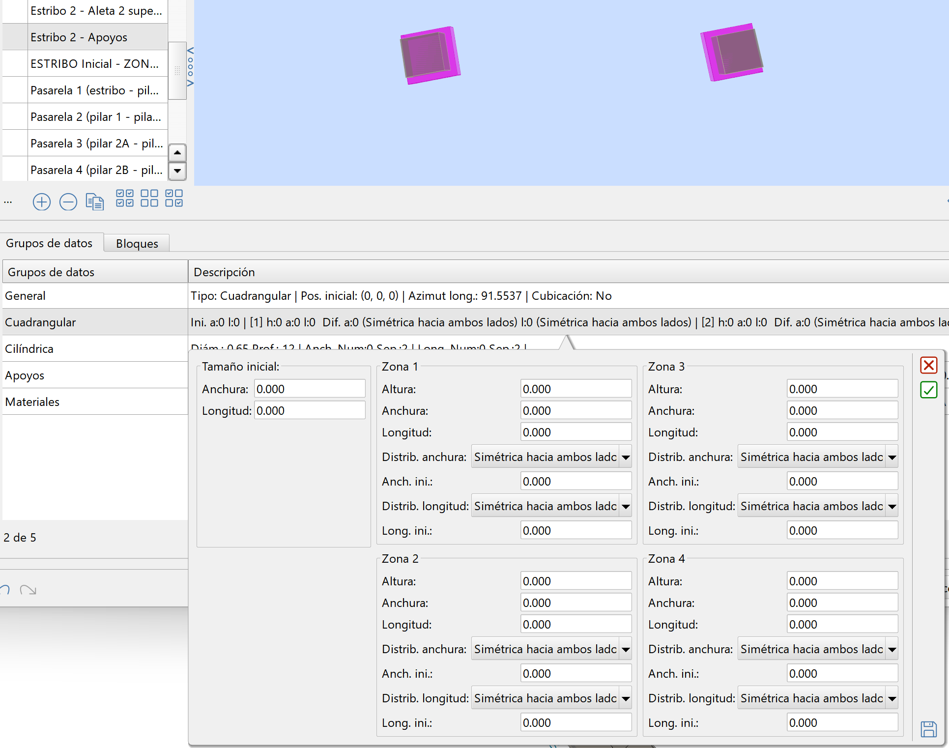 Obras de fábrica - Datos generales - Apoyos, en OF cuadrangulares, independientes, zonas a cero