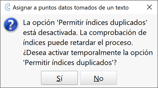 Edición - Levantamiento - Puntos - Asignar datos, permitir índices duplicados