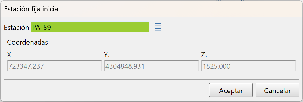Levantamiento - Cálculo de poligonales - Selección de la estación inicial, dialog