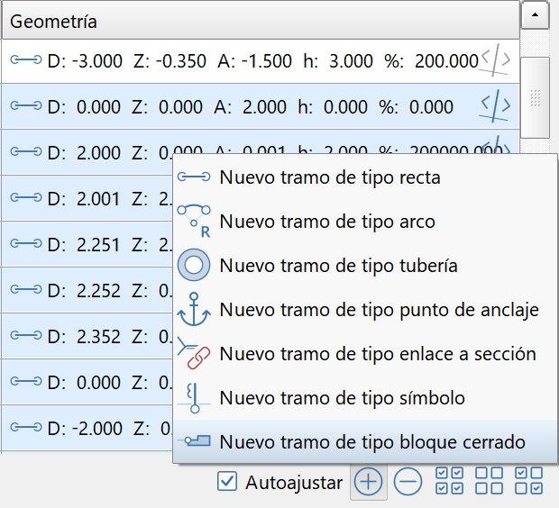 Selección de la opción ‘Nuevo tramo de tipo bloque cerrado’ Selección de la opción ‘Nuevo tramo de tipo bloque cerrado’