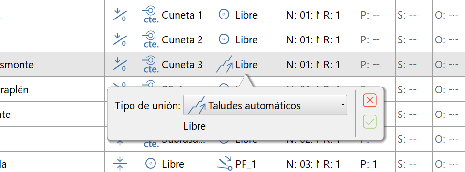 Trazado - Editor secciones - Tramo taludes automáticos, detalle del tipo de unión