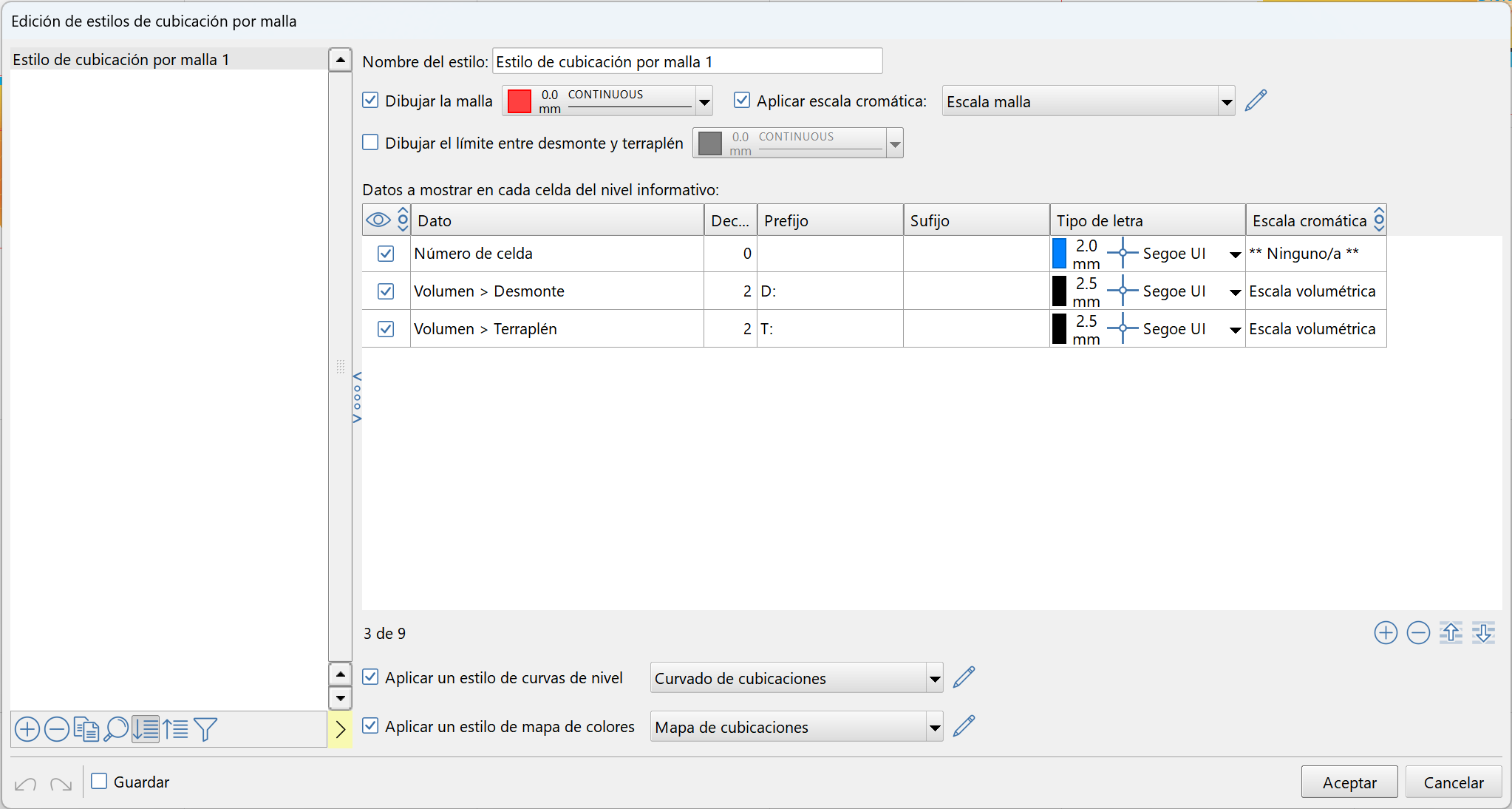 Vista 2D - Cubicación por malla, estilos de presentación, dialog 2023.05