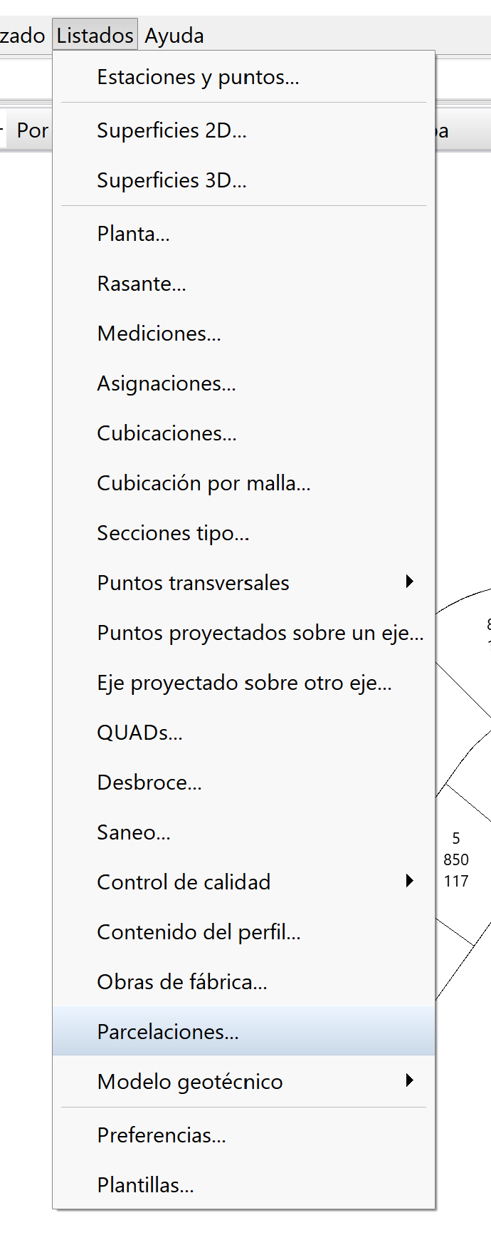 Parcelaciones - Listado - Menú