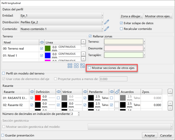 Vista - Perfil longitudinal - Mostrar secciones de otros ejes